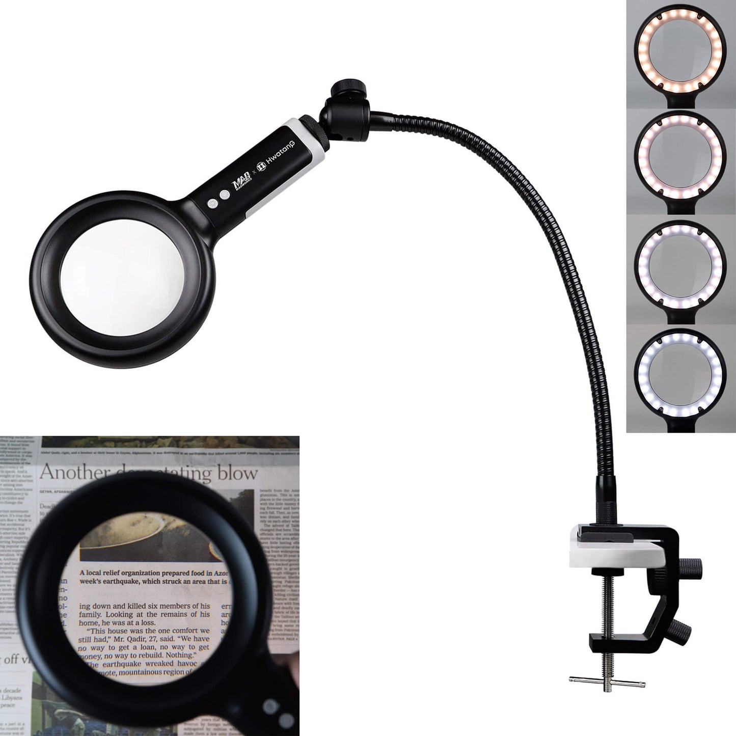 Magnifying Glass with Desk Clamp Kit (1.8x/3D/100mm Dimming Toning LED Biconvex)