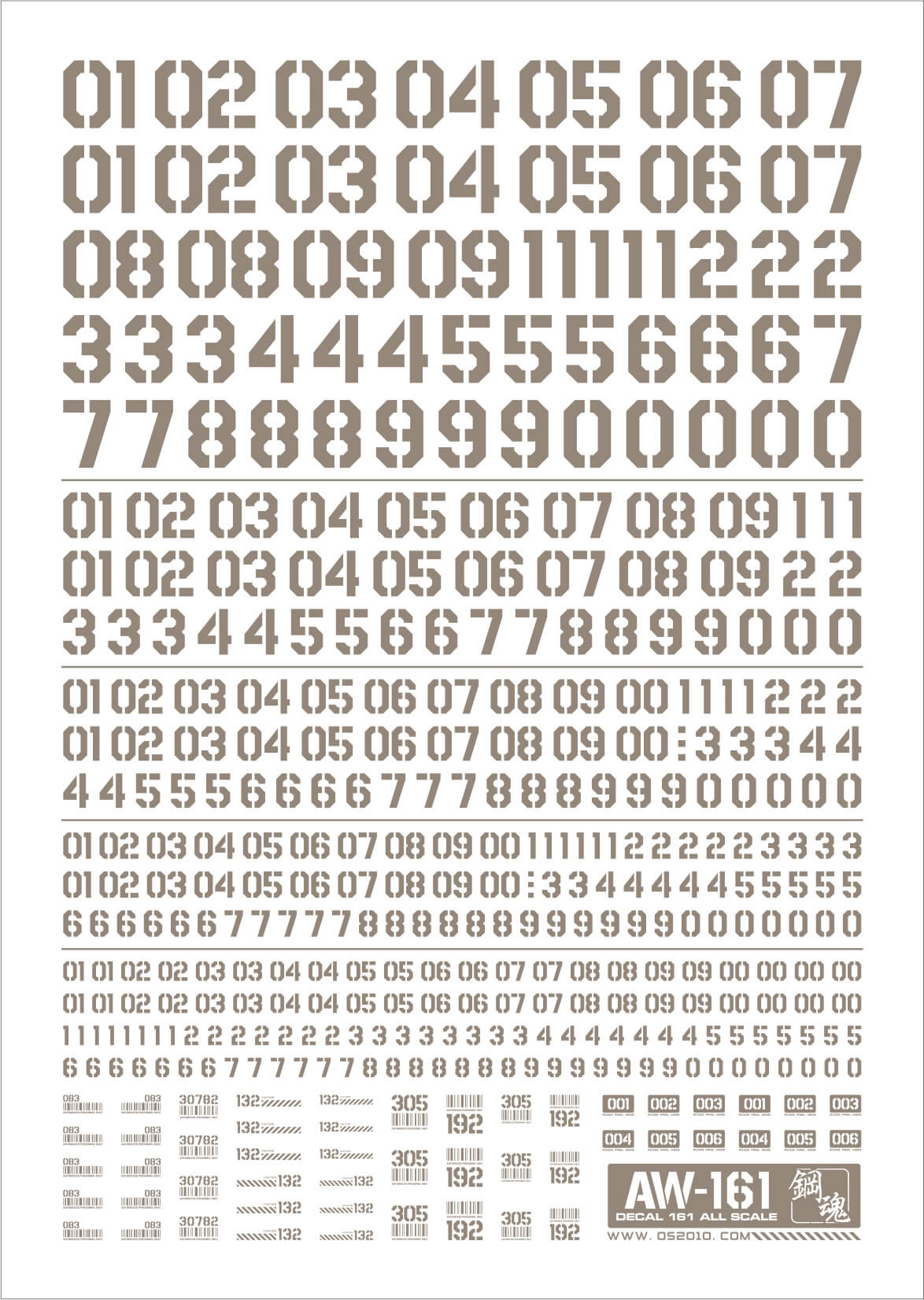 Ensemble de chiffres à décalcomanies à l'eau série AW (style pochoir)