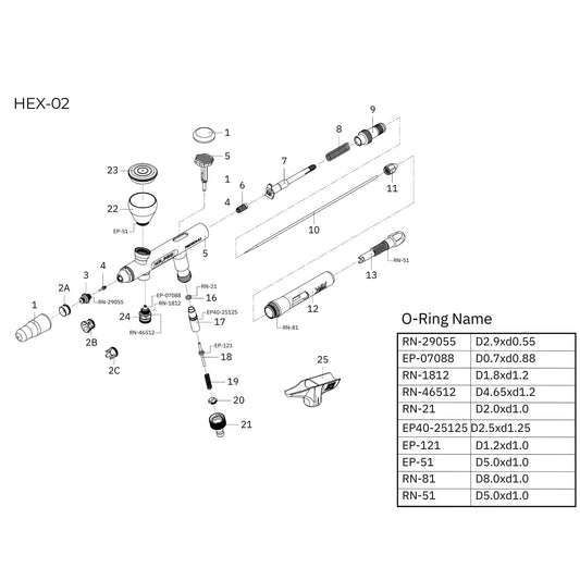 O-Ringe für HEX-02 Mr. Pro Professional Airbrush 0.2