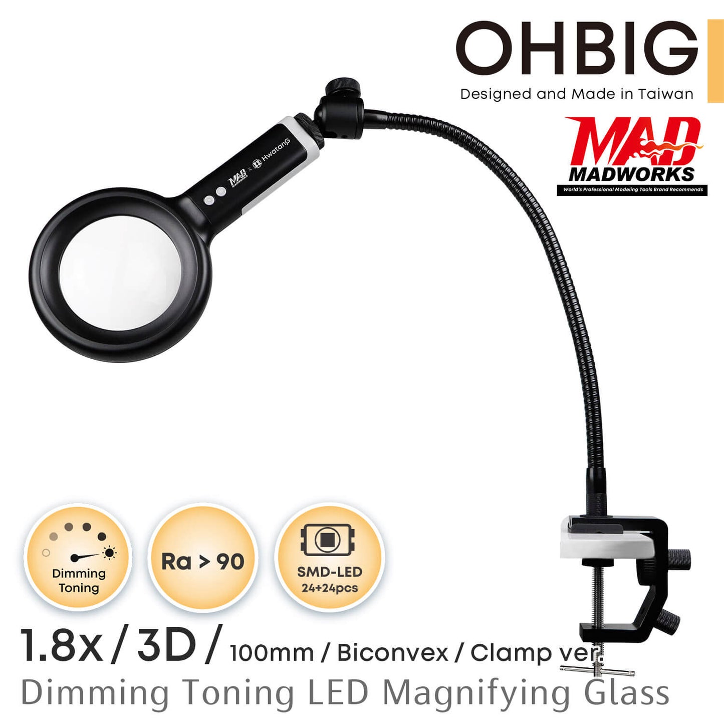 Magnifying Glass with Desk Clamp Kit (1.8x/3D/100mm Dimming Toning LED Biconvex)