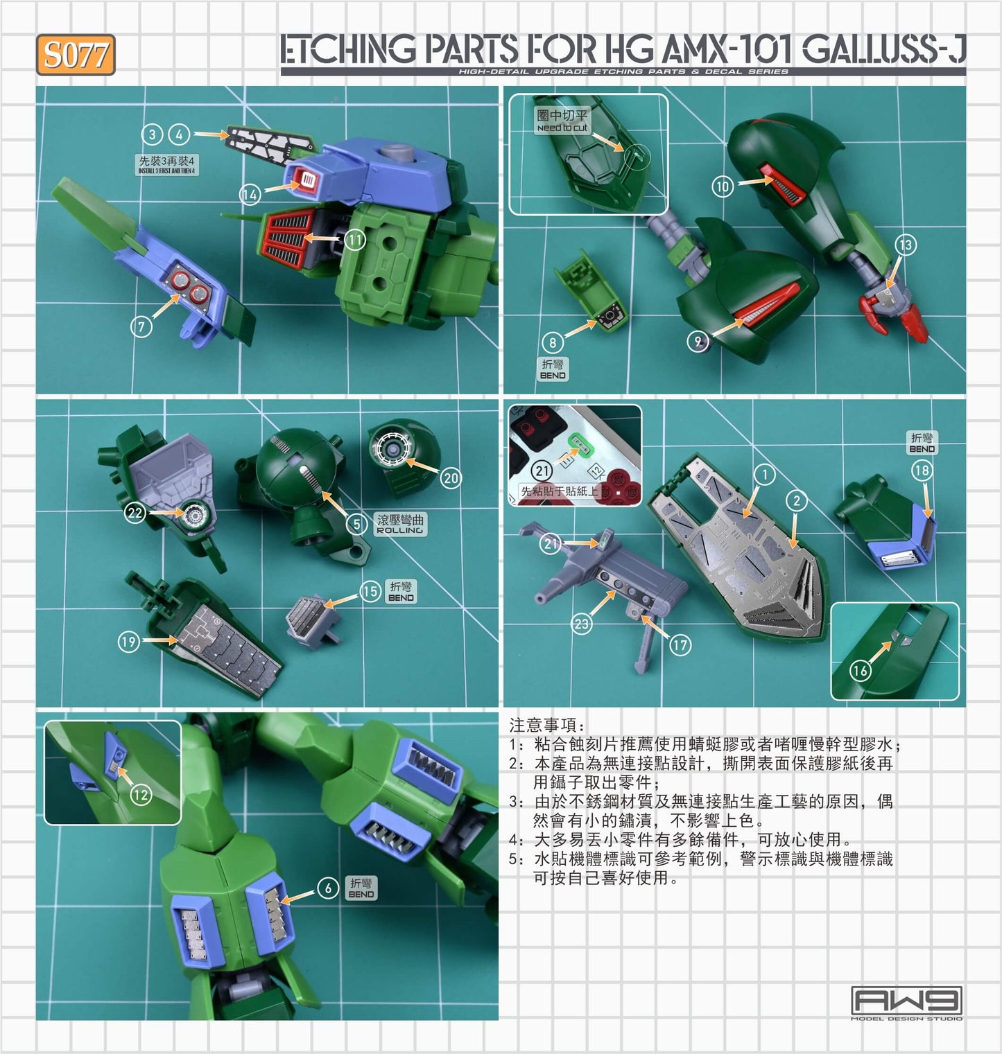 Pièces photo-découpées AW9 S77 avec décalcomanies pour maquette HG AMX-101 Gailuss-J au 1/144