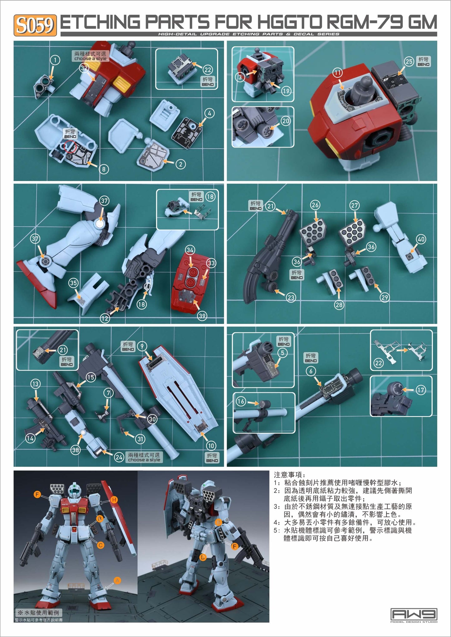 AW9 S59 Ätzteile mit Decals für 1/144 HG RGM-79 GM (Shoulder Cannon/Missle Pod)
