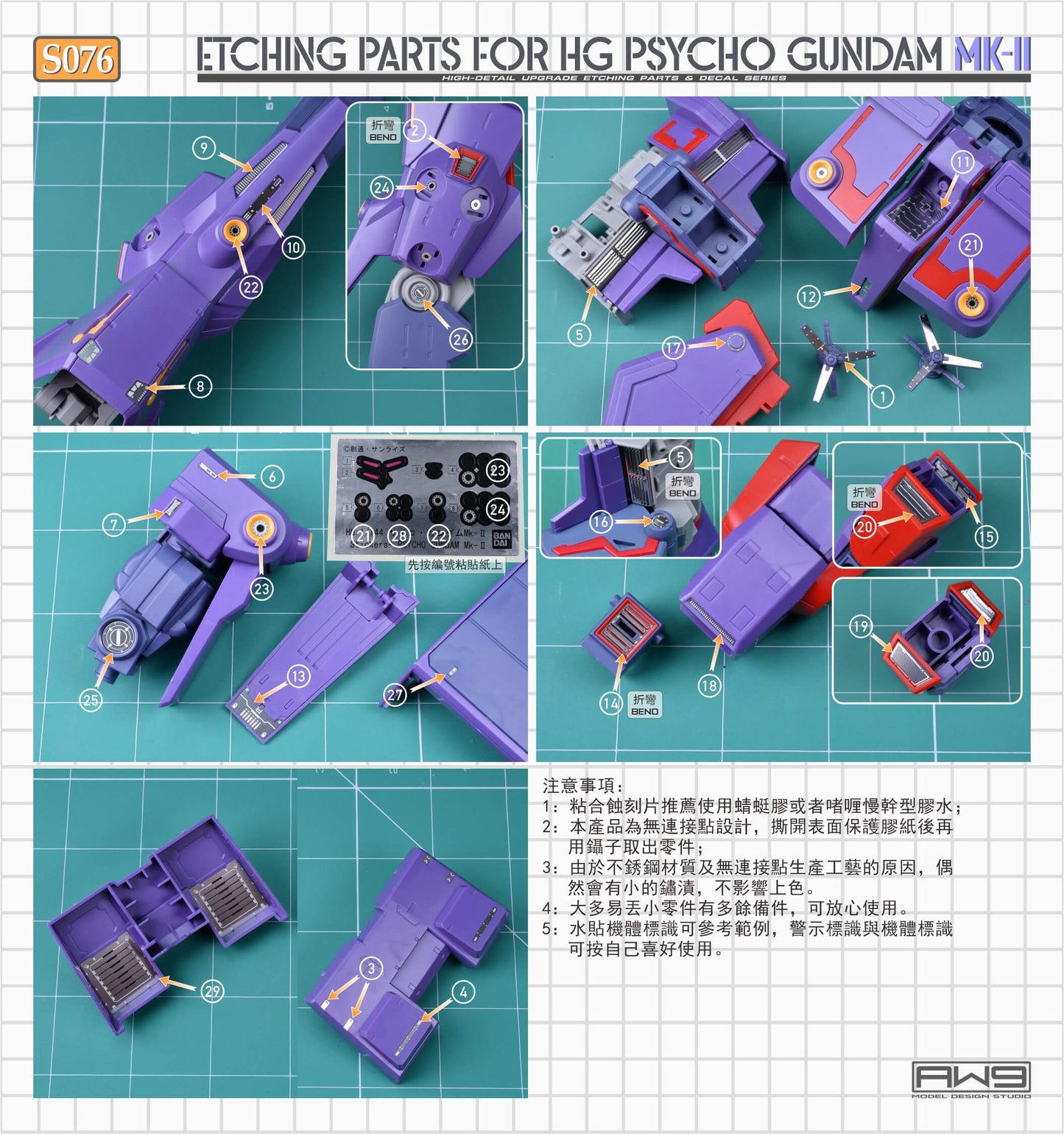 Pièces photo-découpées AW9 S76 avec décalcomanies pour maquette HG MRX-010 Psycho Gundam Mk-II au 1/144