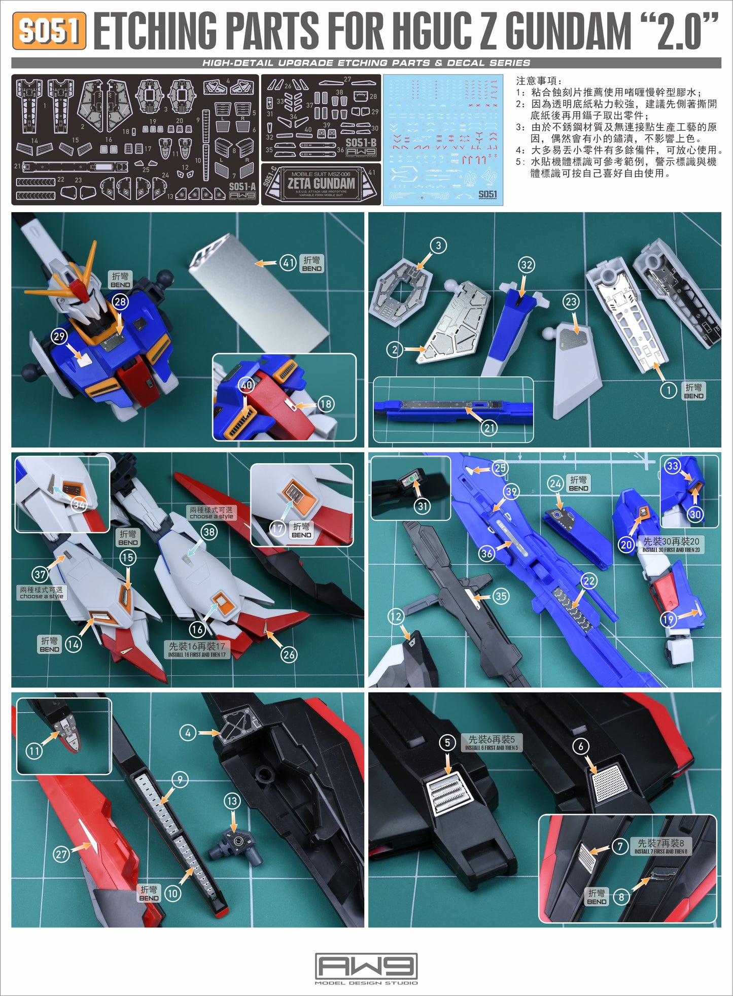 AW9 S51 photo-etched parts with decals for 1/144 HGUC MSZ-006 Zeta Gundam 2.0