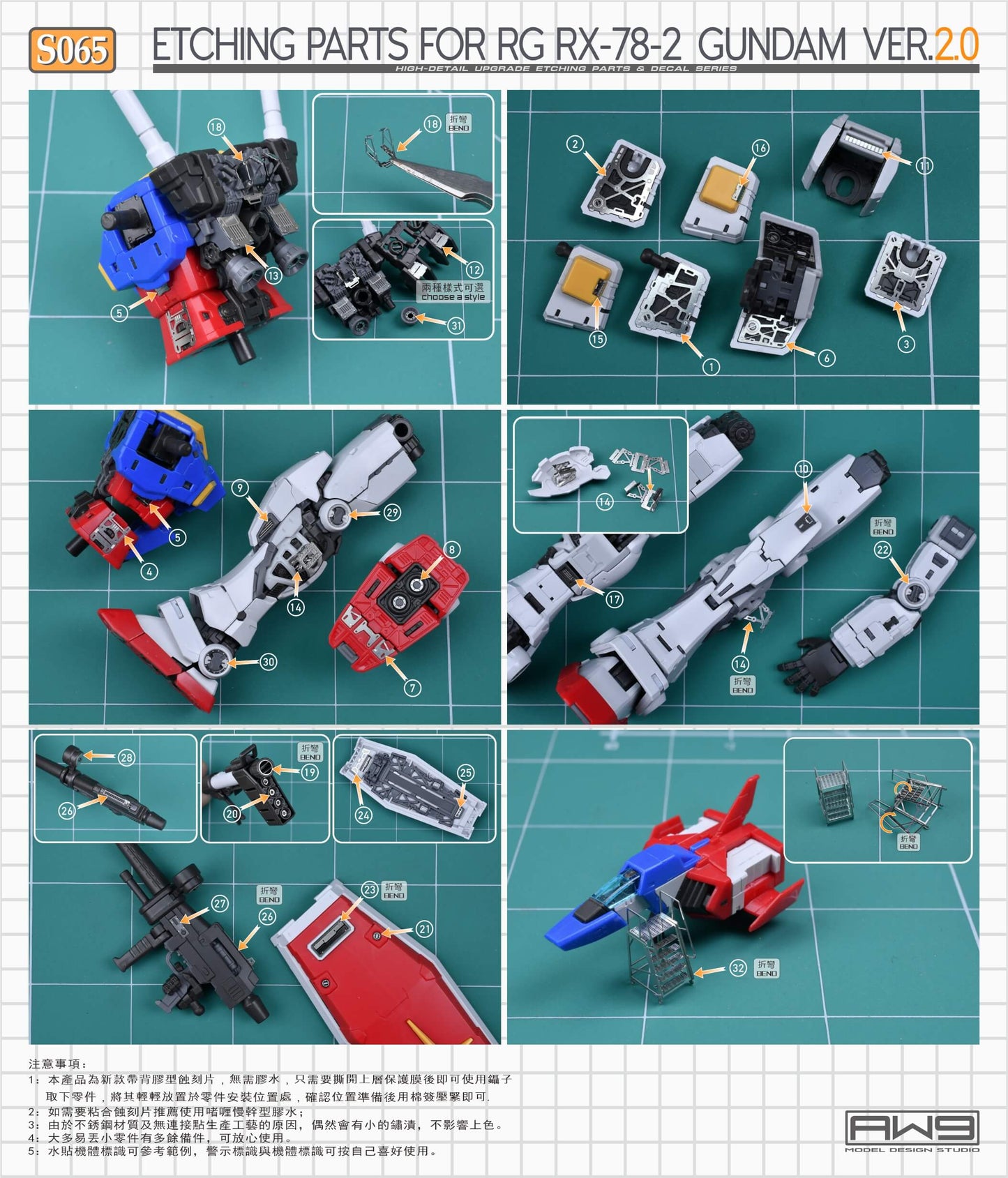 AW9 S65 Etching Parts with Decals for RG RX-78-2 Gundam Ver. 2.0 