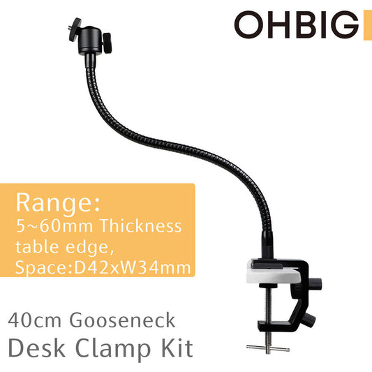 OHBIG 40cm Long Gooseneck Desk Clamp Kit – Dual 720° Ball Head, 1/4-Inch Screw Mount for Magnifying Lamp, Camera, LED Light, Phone Holder